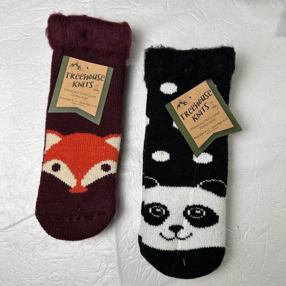 Treehouse Knits New 2 Pair Fleece Lined Slipper Socks No-Slip Grippers Fox Panda